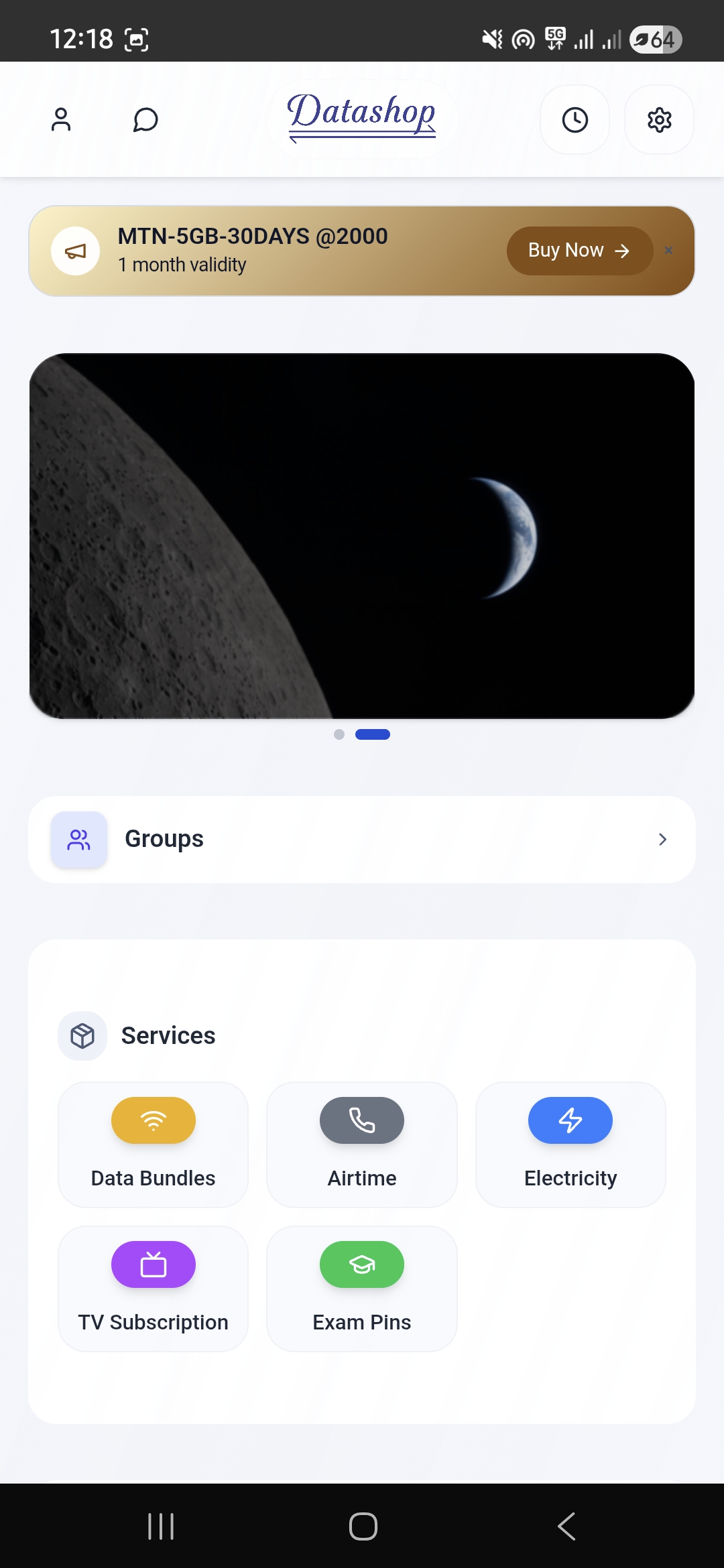 Datashop home screen showing services and product access